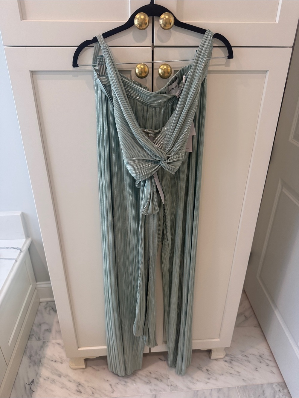 Sabina Musayev Pleated Sage Green Jumpsuit with Front Knot